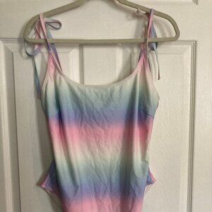 Miss Selfridge one-piece swimsuit in rainbow pastel ombre